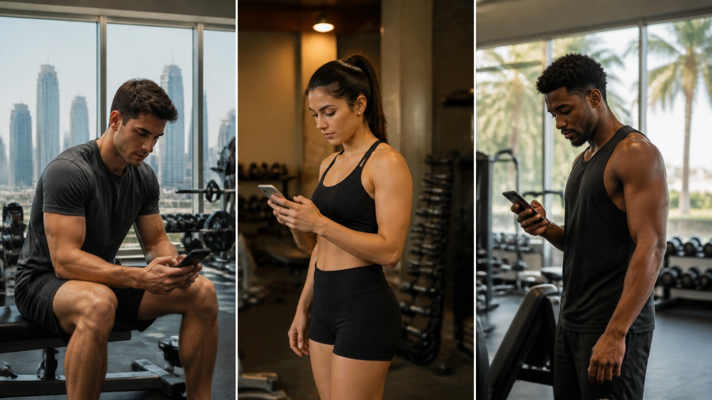 Three people checking their workouts on their phones in gyms